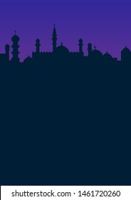 Vector silhouette of the Arab or eastern city on the background of lilac sunset. You can apply for a poster, business card, notebook cover or book cover, and other printed materials.
