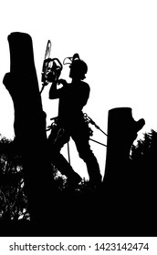 Vector silhouette of an Arborist at work with a chainsaw up a tree.