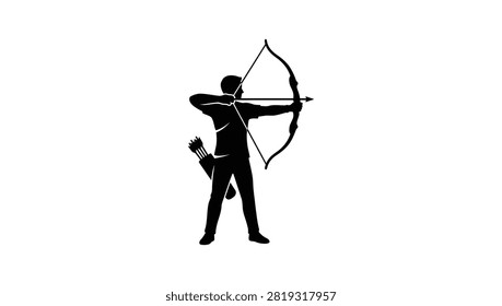 A vector silhouette of an archer holding a bow and aiming an arrow, isolated on a white background.