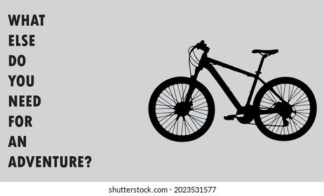 Vector silhouette art of a bicycle with vertical typography on the left side. Simple banner or poster illustration for an adventure club. 