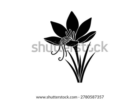 Vector silhouette art of a blooming crocus flower with grass stems - Black and white botanical silhouette art of a wild spring flower