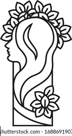Vector silhouette art deco style isolated logo black line art profile woman leaves