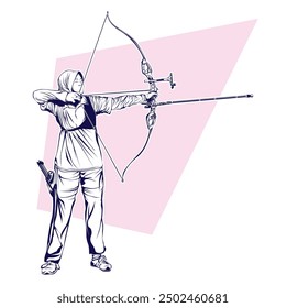 Vector silhouette  art of lady archer from Indonesian, a beautiful lady with hijab and strong tough pose of archery. She holding modern bow and sporty outfit.