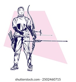 Vector silhouette  art of lady archer from Indonesian, a beautiful lady with hijab and strong tough pose of archery. She holding modern bow and sporty outfit.