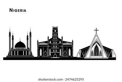A vector silhouette art of Nigeria's worship places, depicting diverse religious landmarks with intricate details, perfect for cultural decor, educational projects, or spiritual inspiration