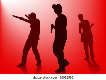 Vector silhouette of the artists of hip hop. A live performance on stage