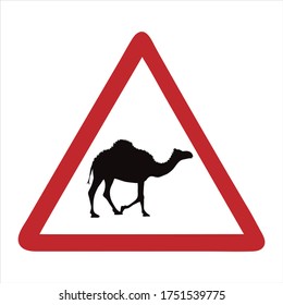 Vector silhouette of attention mark with camel on white background. Symbol of danger.