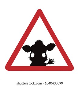 Vector silhouette of attention mark with cow on white background. Symbol of farm animals.