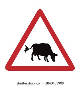 Vector silhouette of attention mark with cow on white background. Symbol of farm animals.
