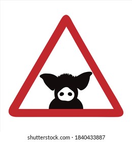 Silueta vectorial de marca de atención con cerdo sobre fondo blanco. Símbolo de animales de granja.