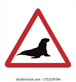 Vector silhouette of attention mark with sea lion on white background. Symbol of danger.