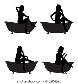 Vector silhouette of  attractive young barefooted woman in towel sitting on bathtub.