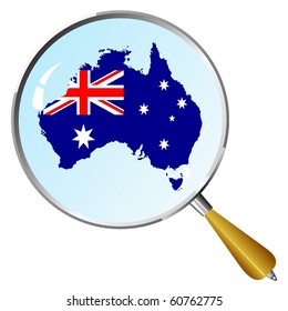 vector silhouette of Australia with the flag under the magnifying glass