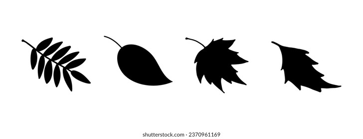 Vector silhouette autumn leaves. Black Leaves of aspen, birch, maple, rowan.