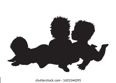 Vector silhouette of babies who plays together on white background. Symbol of siblings, children, family, friends.