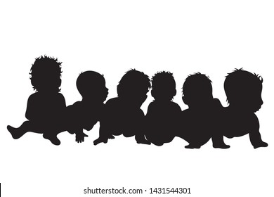 Vector silhouette of babies who plays together on white background. Symbol of siblings, children, friends.