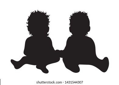 Vector silhouette of babies who plays together on white background. Symbol of siblings, twins, family,friends.