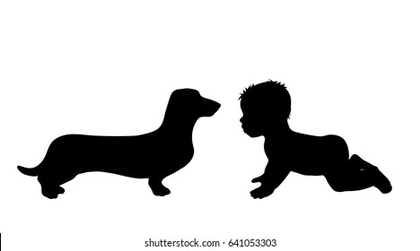 Vector silhouette of baby with dog on white background.