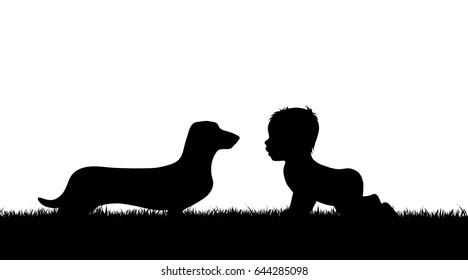 Vector silhouette of baby with dog on white background.