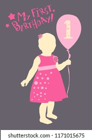 Vector silhouette of a baby girl holding baloon with number one on it. Design element for birthday card or invitation.