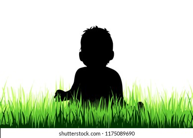 Vector silhouette of baby who play on the meadow.
