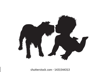 Vector silhouette of baby who plays with dog on white background. Symbol of friends.