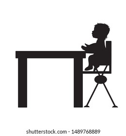 Vector silhouette of baby who sitting in the child´s chair on white background. Symbol of toddler, childhood,care.