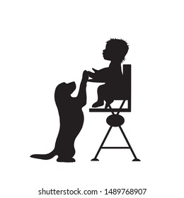 Vector silhouette of baby who sitting in the child´s chair with dog on white background. Symbol of toddler, childhood,care,animal, pet.