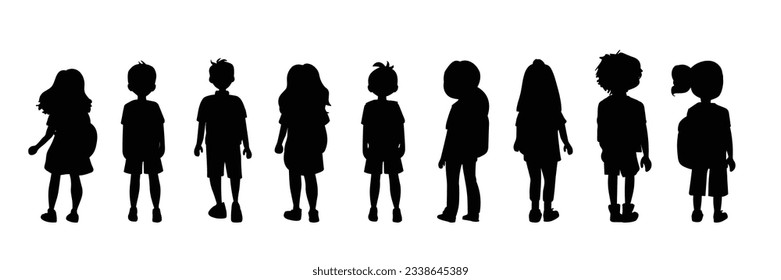 Vector silhouette of back view children going to school on white background.