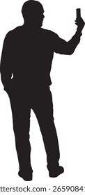  Vector; silueta de la vista posterior de un hombre que toma un autorretrato con el smartphone