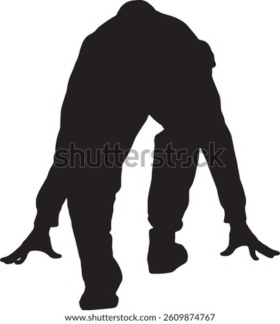  vector; silhouette back view of man dressed in casual clothes in starting position for a race