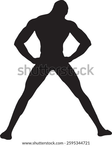 vector; silhouette of back view of a muscular man arms akimbo and legs apart looking down