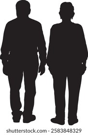 vector; silhouette back view of senior couple standing