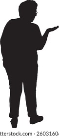 Vector silhouette of back view of senior woman showing an imaginary object in her hand