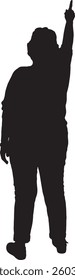 Vector silhouette of back view of senior woman pointing finger up and looking away