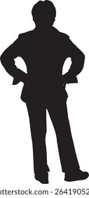 vector; silhouette of a back view of a senior women standing, and arms akimbo