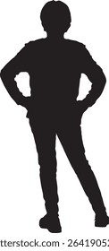 vector; silhouette of a back view of a senior women standing dressed in sportswear and arms akimbo