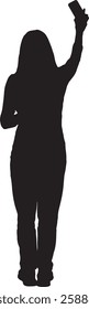 vector; silhouette; back view of  standing woman looking at her mobile phone