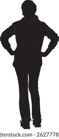  vector silhouette back view of standing woman dressed sportswear with arms akimbo