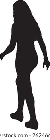  vector silhouette, back view of teen girl walking with dress and high espadrilles


