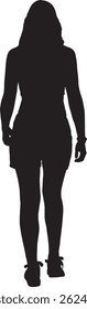  vector silhouette, back view of teen girl dressed in shorts and top walking


