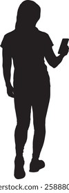 vector; silhouette; back view of  walking woman looking at her mobile phone
