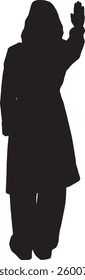 Vector silhouette of a back view of a woman showing stop sign