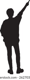  vector silhouette, of back view of a woman dressed with pants and boots pointing finger up and looking up