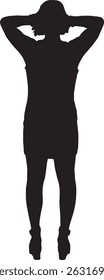 vector; silhouette of a back view of a  woman standing dressed dress hands on the back of the neck