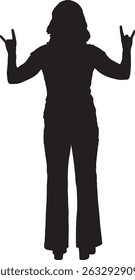 vector; silhouette  back view of a woman showing the sign of the horns with her fingers with two arms raised 