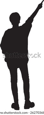 vector silhouette, of back view of a woman dressed with pants and boots pointing finger up and looking up