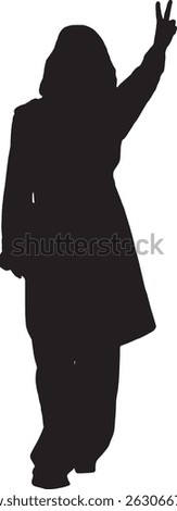 vector silhouette back view woman raising arm making the victory sign, dressed in trench coat
