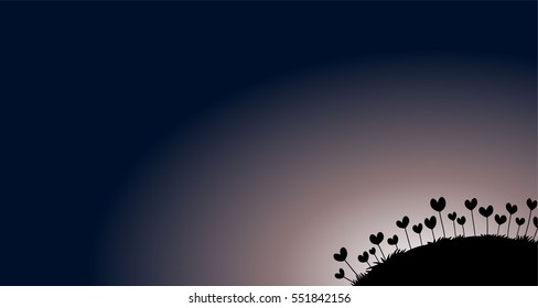 Vector silhouette background of heart flowers on the grass at night for Valentine's day