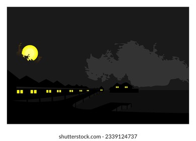 vector silhouette background view of floating house on Indonesian beach at night, bridge, full moon light which adds to the beauty. wall decoration, background.